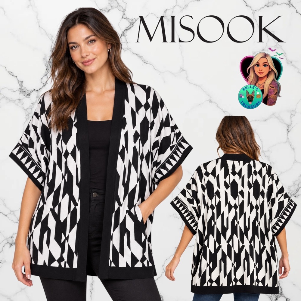Misook Women's Medium Black White Geometric Open Front Kimono Cardigan Sweater